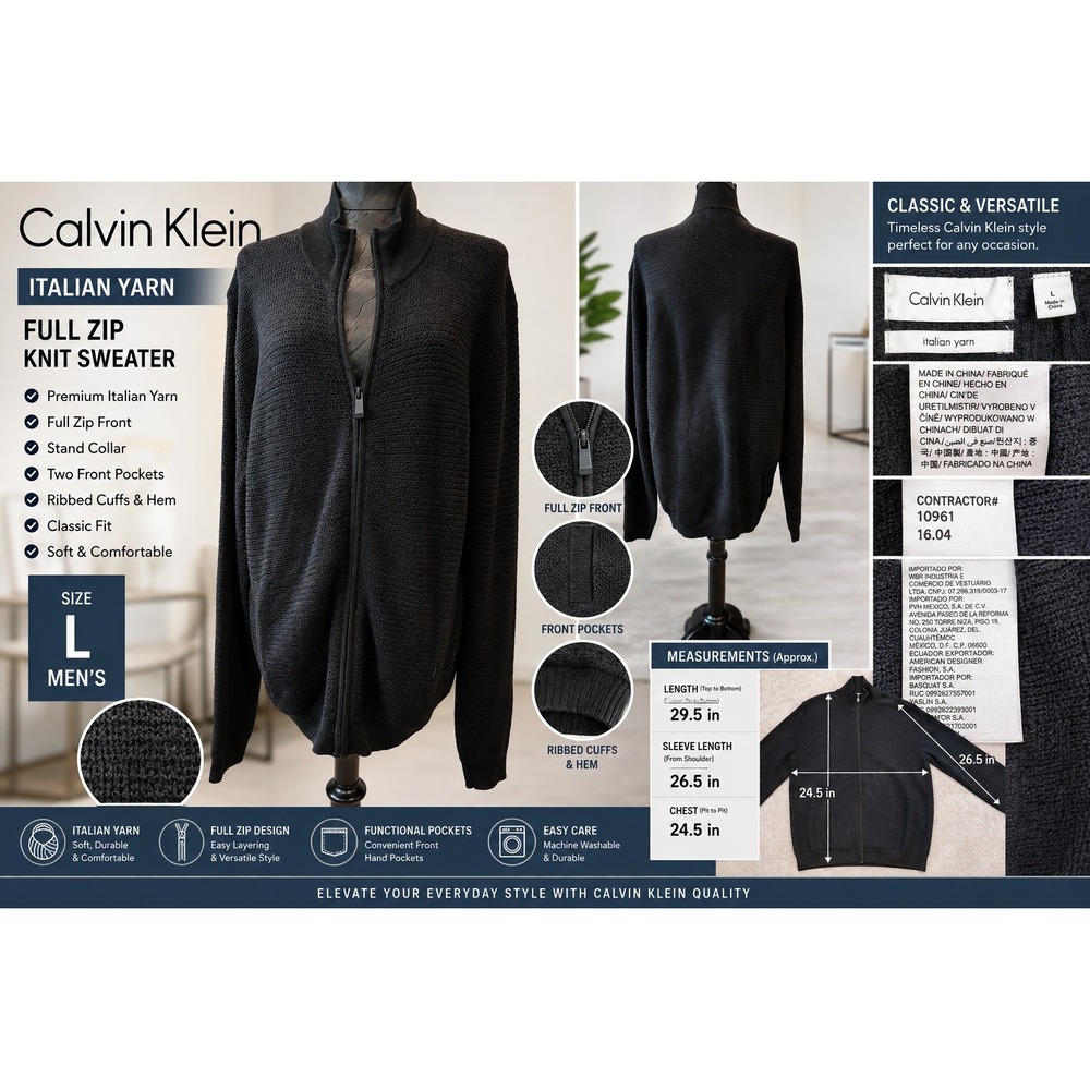 Calvin Klein Mens Italian Yarn Full Zip Knit Sweater Black Stand Collar Large